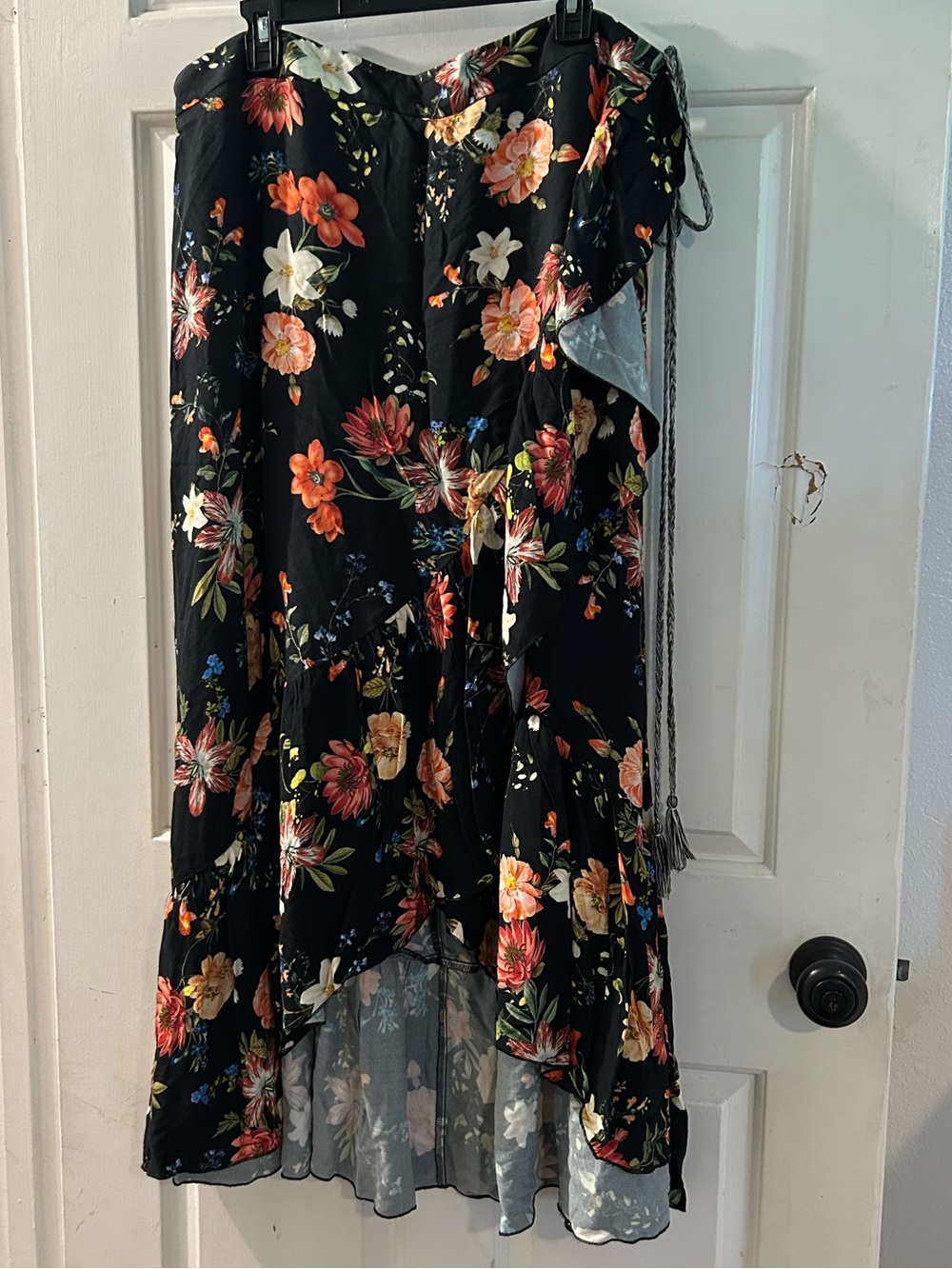 FARM Rio Black High-Low Floral Skirt with Orange, Pink & Yellow Blooms